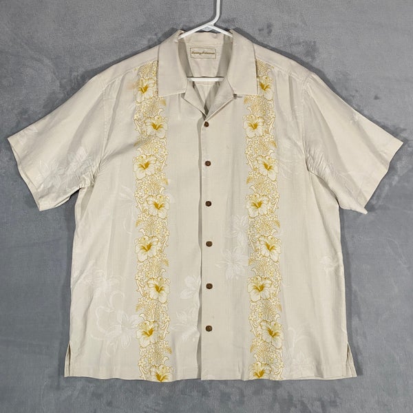 Tommy Bahama Mens Shirt Size XL Cream Hawaiian Embroidered Silk