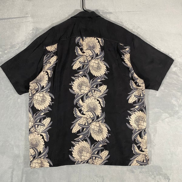 Tommy Bahama Mens Shirt Size XL Black Hawaiian Floral Printed Textured 100%  Silk