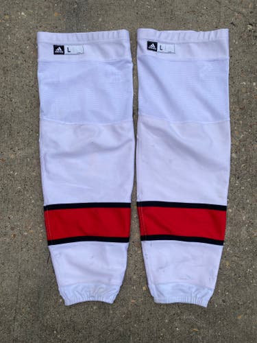 Adidas Carolina Hurricanes White Edge Pro Stock Game Shin Pad Socks Large CUT PROOF 8635