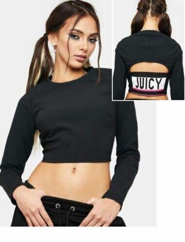 Juicy Couture Women's Black Cut- Out Back Raglan Crop Top Size: M