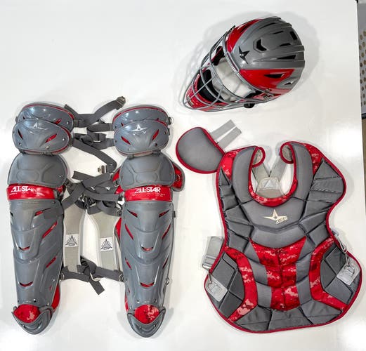 Adult All-Star System Seven NOCSAE Red Digi Camo Pro Baseball Catcher's Gear Equipment Set