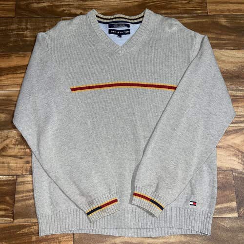 Tommy Hilfiger Sweater Mens Large Gray Striped Pullover V Neck Logo Preppy