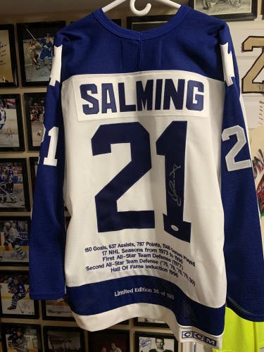TORONTO MAPLE LEAFS LIMITED TO 100 BORJE SALMING STATS HOCKEY JERSEY AUTOGRAPHED COA #35/100