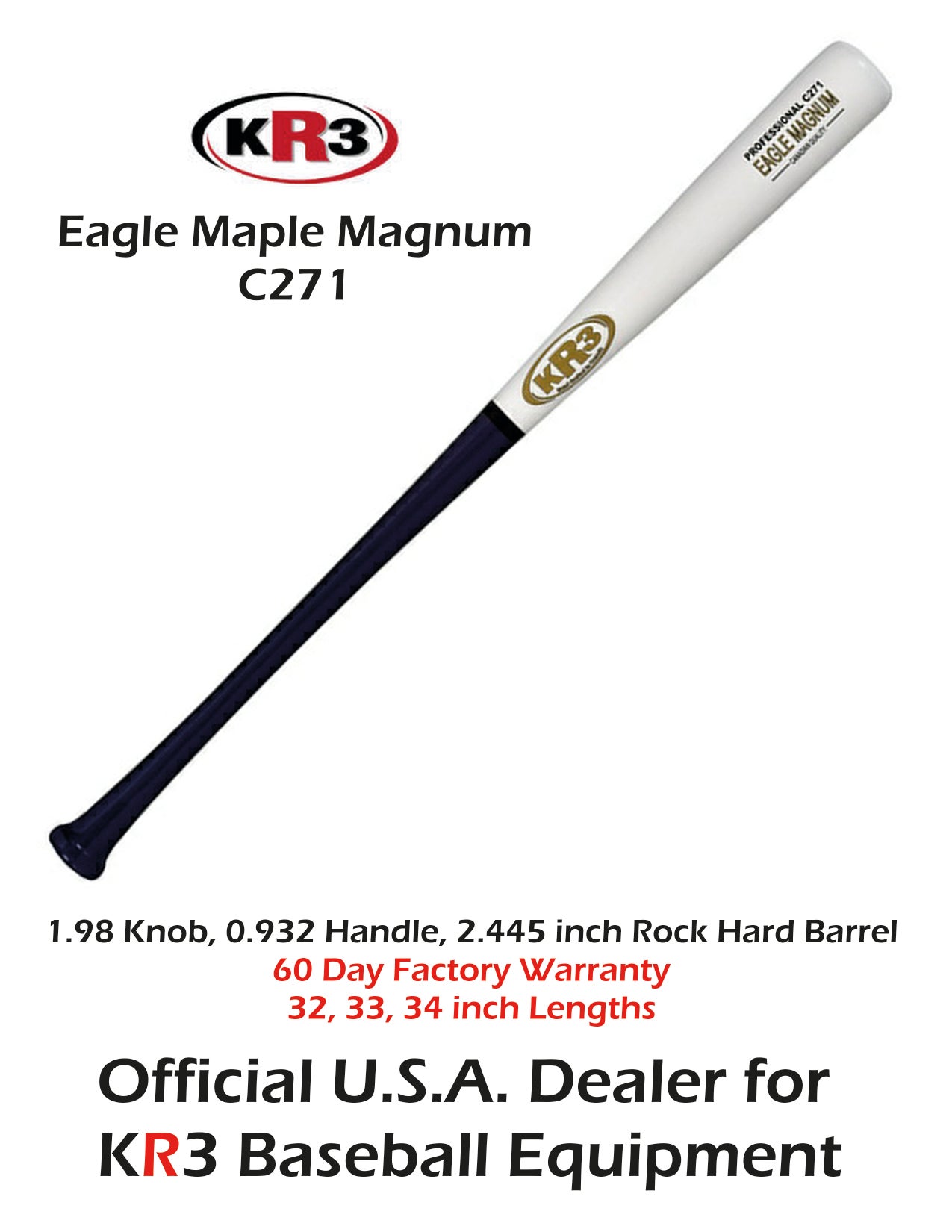 New 2023 KR3 Eagle Maple Magnum 34 inch Wood Bat (-3) 31.5 oz C271