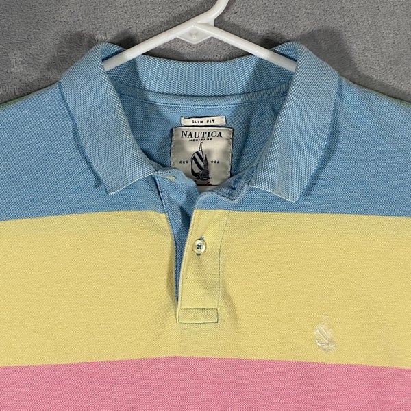Nautica Vintage Blue Striped Logo Oxford Shirt Short Sleeve Button Front  Cotton Mens Large 