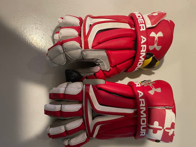 University of Maryland Game Worn Used Goalie Under Armour BioFit Lacrosse Gloves 13" Red/White