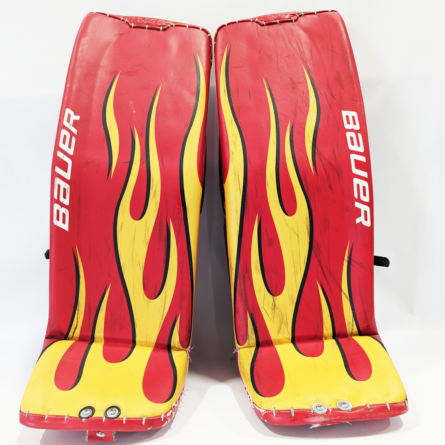 Used 36+" Bauer Supreme Ultrasonic Goalie Leg Pads Pro Stock (Red/Yellow Flames)