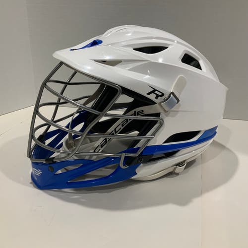 Cascade R Seven Lacrosse Helmet - White w/Silver Cage, Blue Chin Guard w/Chin Strap - One Size Adult