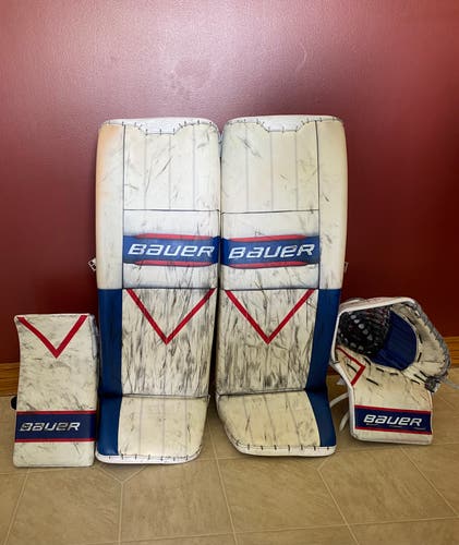 Used Bauer Supreme Ultrasonic Pro Stock Leg Pads, Glove, and Blocker with Custom Graphic