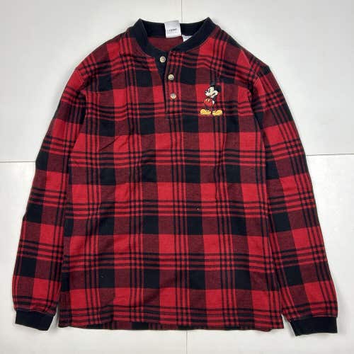 Y2K Mickey Mouse Disney Henley Button Long Sleeve Shirt Red Plaid Sz Small