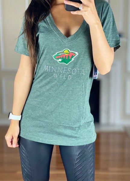 Minnesota Wild NHL Women Next Level Rhinestone Print V-Neck Slim Fit T-Shirt