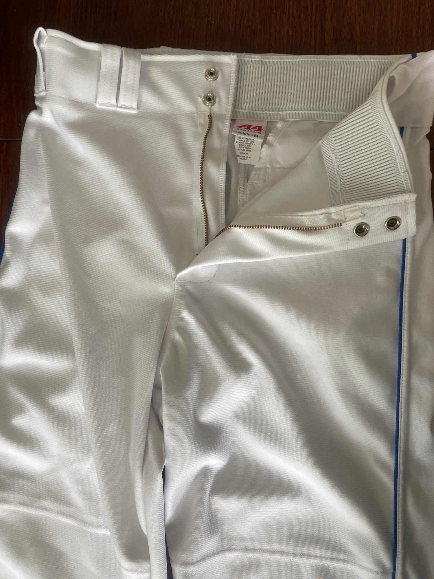 A4 PRO STYLE Mens White with Blue piping open leg baseball pants