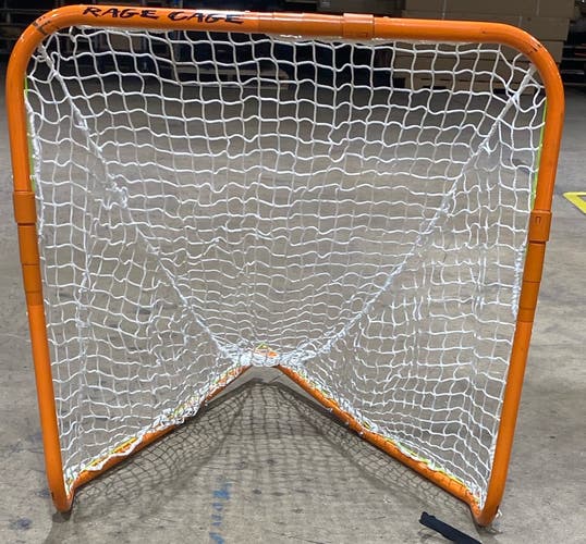 A pre-owned Rage Cage Mini Lacrosse Goal that's foldable, fully assembled, and includes a 3mm net