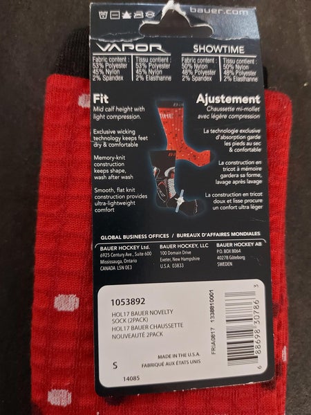 New Bauer Red Novelty Socks Small Adult Unisex 2 PACK (1053892)