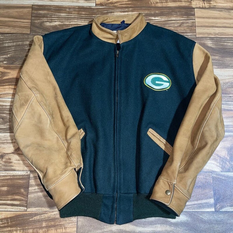 Vintage DeLONG NFL Green Bay Packers Leather Wool Varsity Zip Jacket Size Large