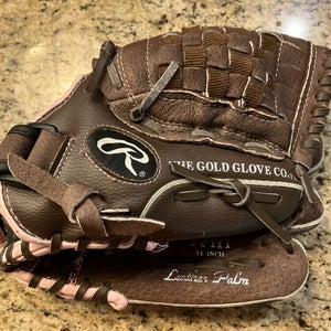 Rawlings 11 Inch RHT Fastpitch Softball Glove Mitt Leather Brown/Pink FP11T