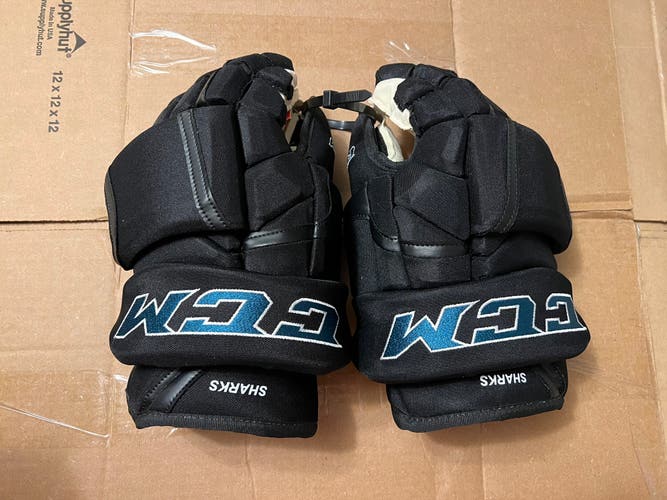 New San Jose Sharks CCM HG12 Pro Stock Gloves 14”
