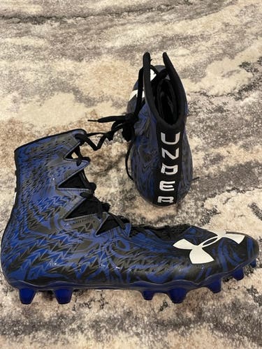 New Men's Size 12.5 (Women's 13.5) Molded Cleats Under Armour High Top Highlight MC Black and Blue