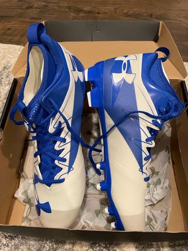 New Adult Under Armour Football Cleats - UA Team Nitro Mid MC White and Blue - Size 13