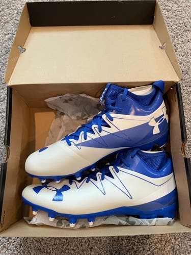 New Adult Under Armour Football Cleats - UA Team Nitro Mid MC White and Blue - Size 14