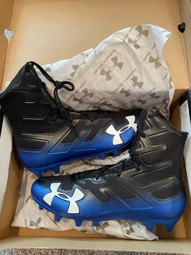 New Men's Size 13 (Women's 14) Molded Cleats Under Armour High Top Highlight MC Black and Blue