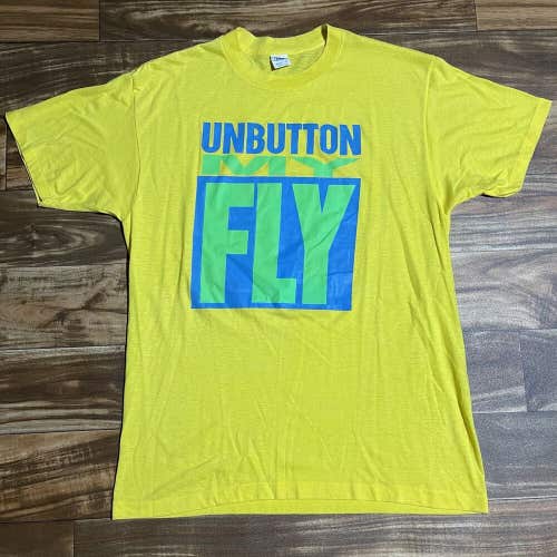 Vintage UNBUTTON MY FLY Mens Large L Yellow Graphic T-Shirt Levis 501 RARE