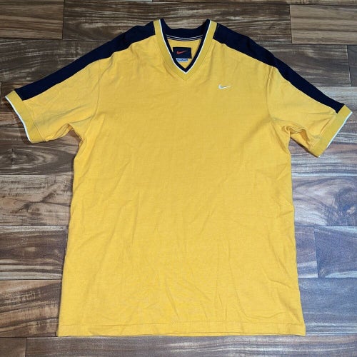 Vintage 90s Nike V-Neck T-Shirt Essential Swoosh Yellow Black Tag Size Medium M