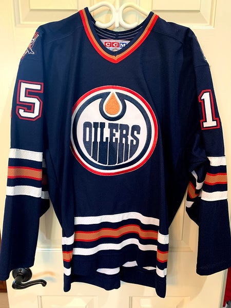 Edmonton Oilers Vintage Ccm Hockey Jersey Navy Blue and Orange