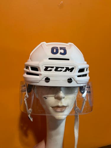 Game Used White CCM Super Tacks X Pro Stock Helmet Colorado Eagles #65 Small