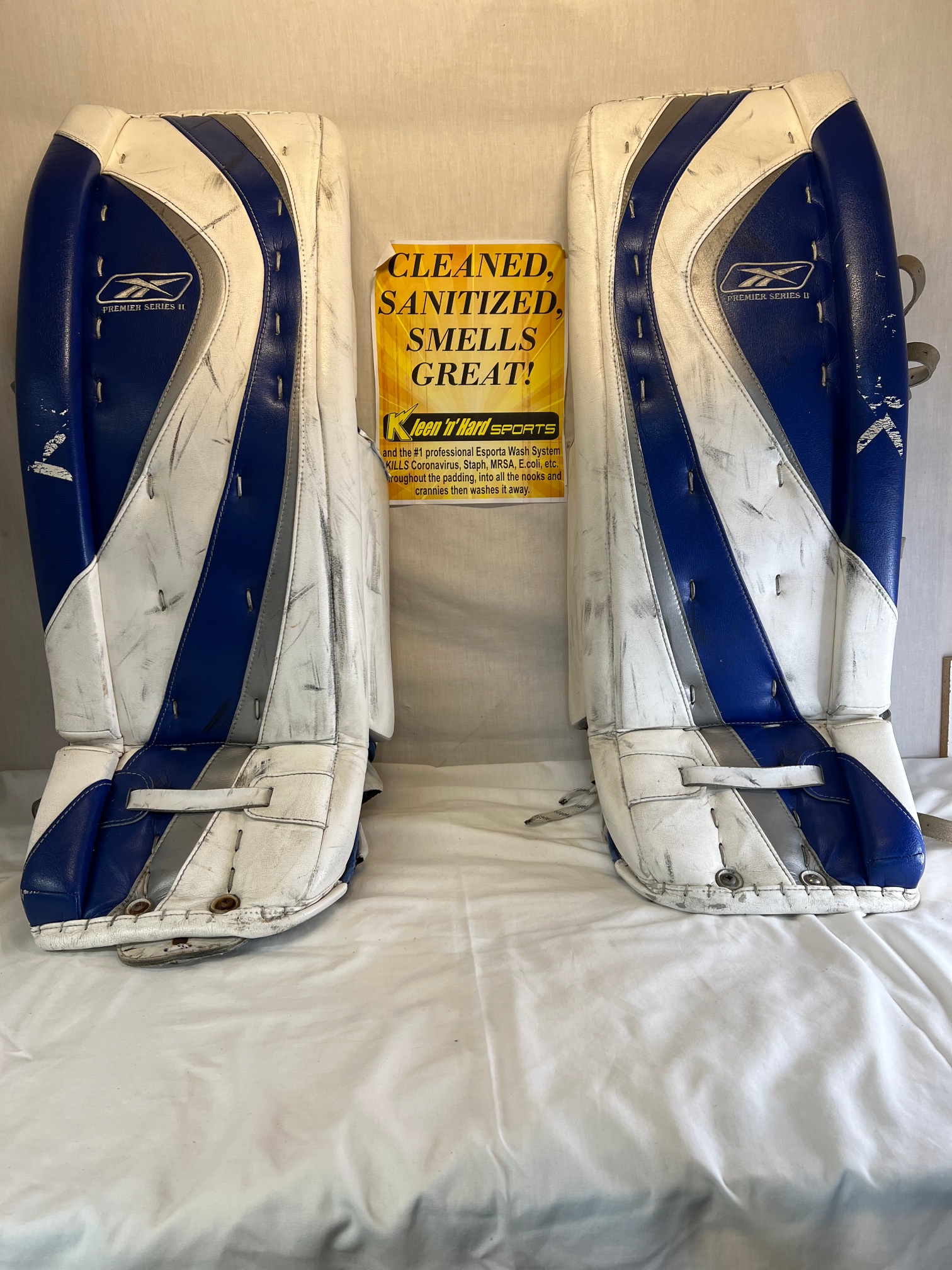 Used RBK Premier Series II Size 35"+1 Wht-Roy-Svr Ice Hockey Goalie Leg Pads