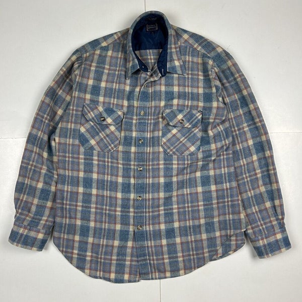 Vintage 90s Plaid Button Up Flannel Long Sleeve Shirt Blue/Beige Wool Blend XL