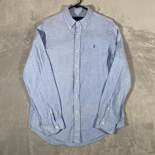 Ralph Lauren Shirt Mens Medium Blue Chambray Long Sleeve 100% Linen Navy Pony