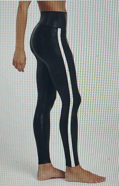 Spanx Faux Leather Side Stripe Leggings Womens Size XL Black White