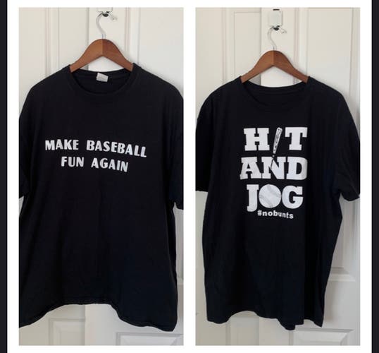 Lot of 2 baseball quote shirts. Make base fun again - hit and jog home runs both XXL black