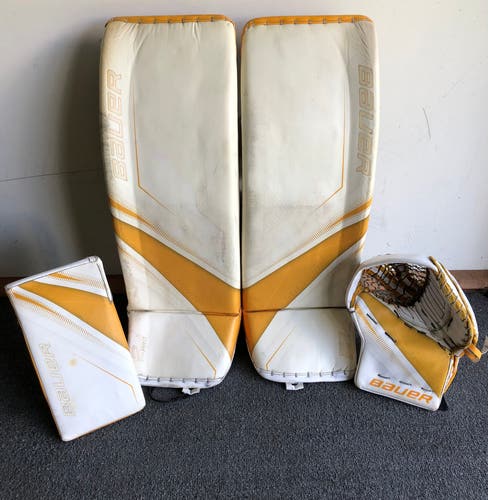 AHL Stock Bauer Supreme 2S Pro Sport Gold, White, Black Goalie Pad Full Set