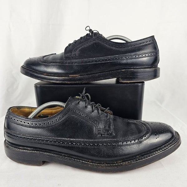 Vintage Florsheim Imperial Mens 10.5C Black Pebble Long Wing Tip V