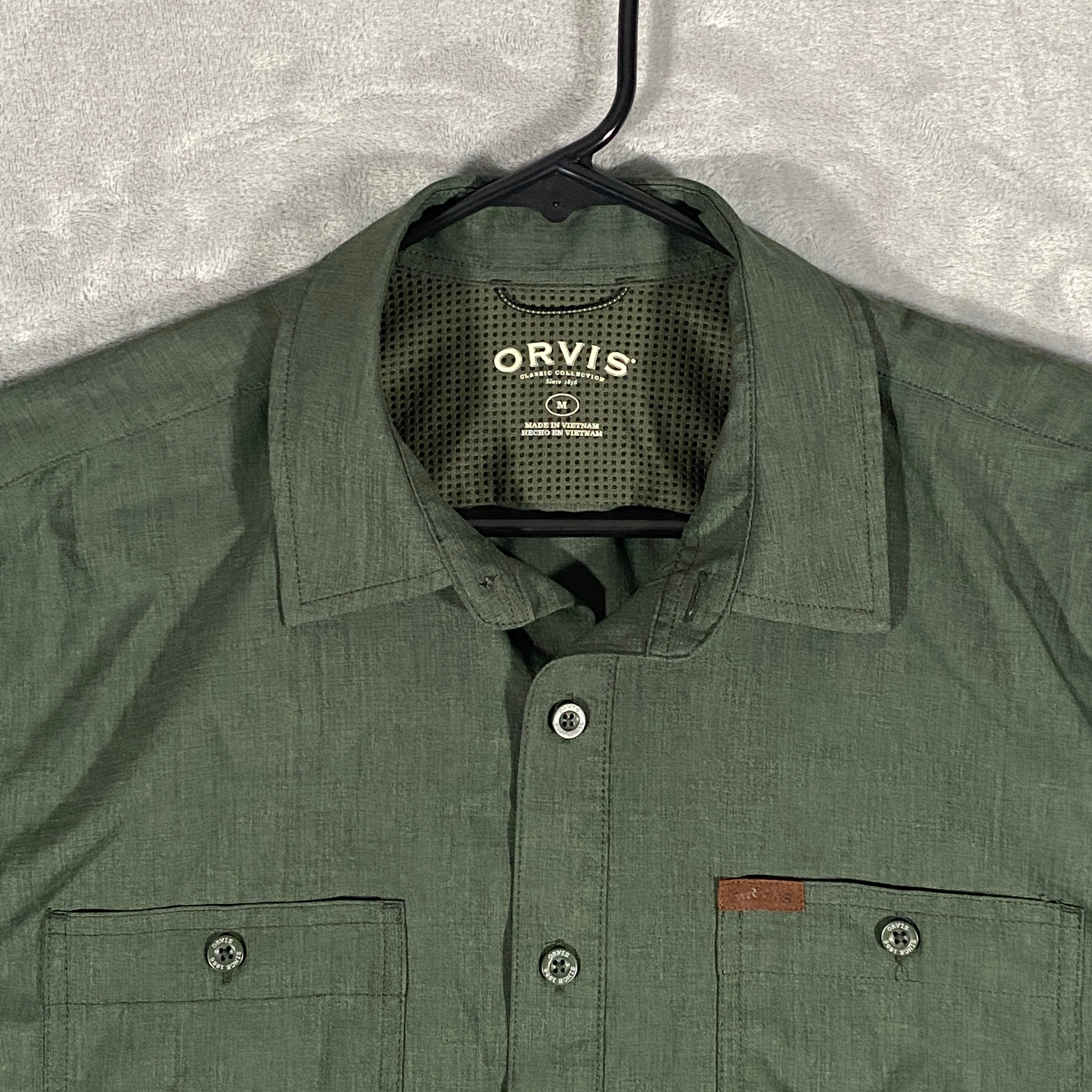 Orvis Shirt Mens Medium Green Short Sleeve Pockets Outdoor Fish Hike Fast  Dry