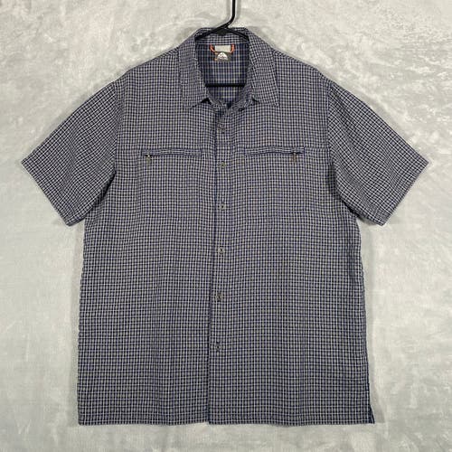 NIKE ACG Trail Shirt Men Large Blue Check Short Sleeve Zip Pockets Tech Fast Dry