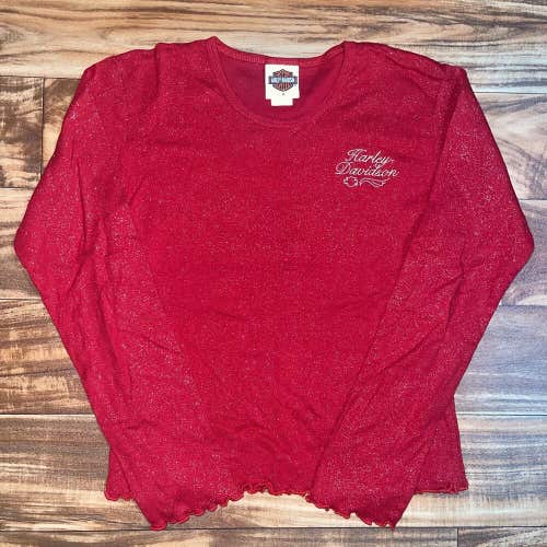 Harley Davidson Red Vintage Glitter Sparkle Shirt Size Medium M Long Sleeve