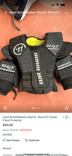 Used Small/Medium Warrior  Ritual GT Goalie Chest Protector