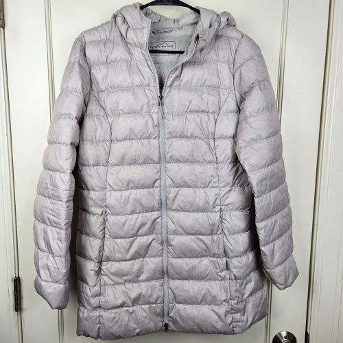 Eddie Bauer Women's Down Puffer Jacket Coat Hooded Taupe Gray Zip Up Size: M