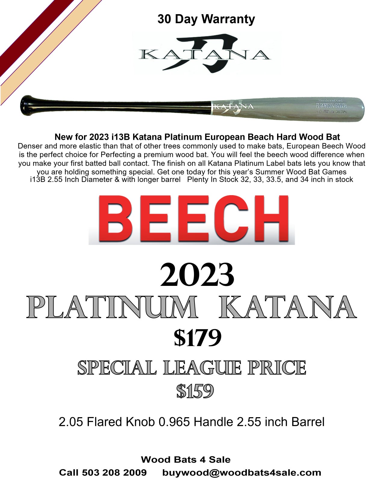 New 2023 Katana  i13 Euro Beech 32 inch Wood Bat (-3) 29.5 oz