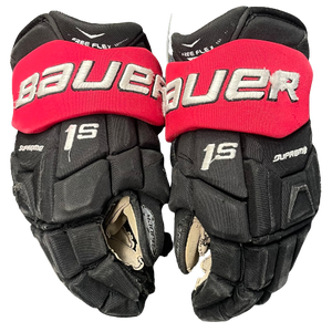 BAUER SUPREME 2S PRO STOCK CUSTOM HOCKEY GLOVES 15" NU HUSKIES USED(9781)