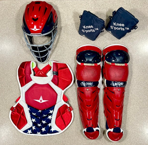 Red White And Blue NOCSAE All-Star S7 AXIS System7 Baseball Catcher’s Gear Set Kit Youth 9-12