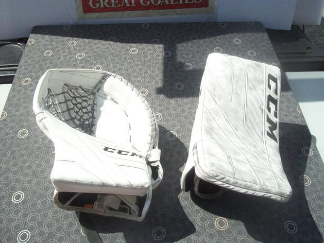 Used CCM Regular Axis Solid White Pro Glove 600 and Blocker Pro Stock