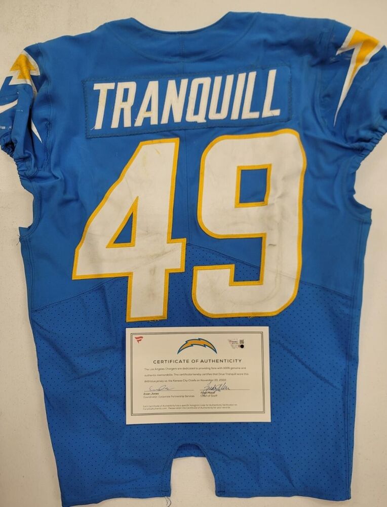 Drue Tranquill Los Angeles Chargers Game-Used #49 White Jersey