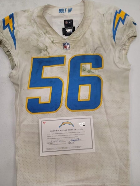 Chargers MORGAN FOX #56 GAME USED WHITE Jersey vs Raiders 12/4/22 W/COA