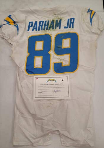 Chargers DONALD PARHAM JR #89 GAME USED WHITE Jersey vs Broncos 1/8/23 W/COA