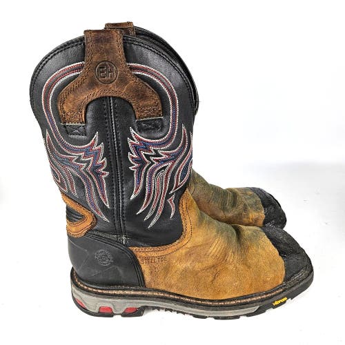 Justin Tanker Black Brown Western Work Boots WK2104 Size 10D Steel Toe Vibram