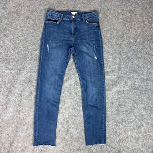 H&M Womens Jeans 8 Blue Denim Slim Stretch High Rise Medium Wash Distressed